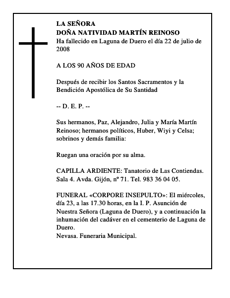DOÑA NATIVIDAD MARTÍN REINOSO