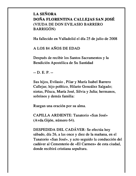 DOÑA FLORENTINA CALLEJAS SAN JOSÉ