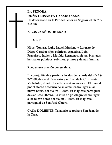 DOÑA CRISANTA CASADO SANZ