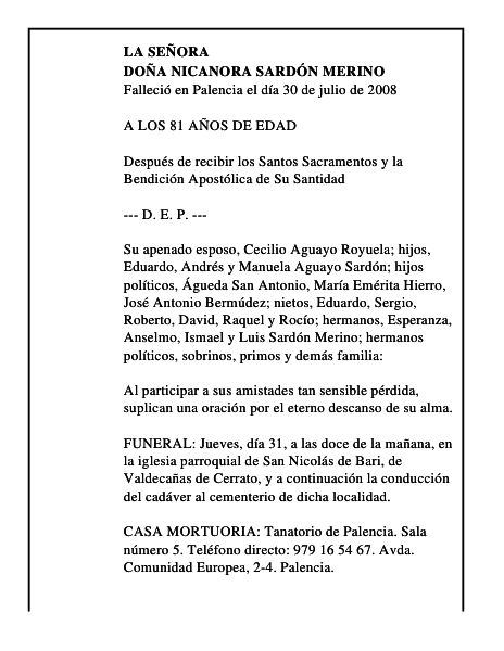 DOÑA NICANORA SARDÓN MERINO