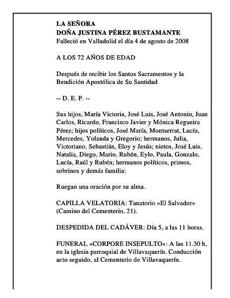 DOÑA JUSTINA PÉREZ BUSTAMANTE