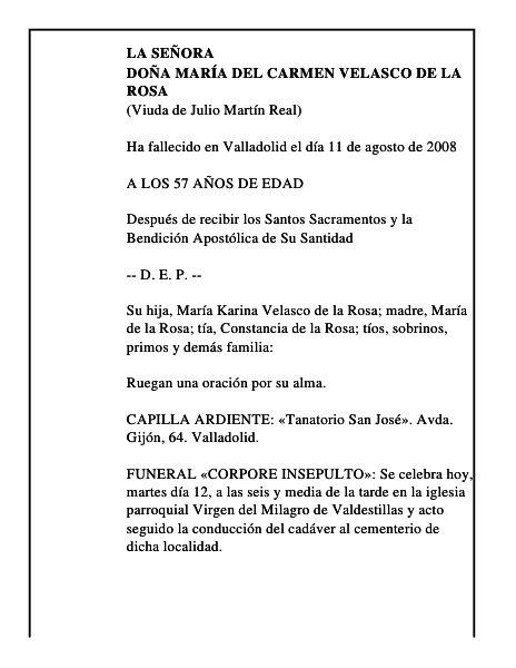 DOÑA MARÍA DEL CARMEN VELASCO DE LA ROSA