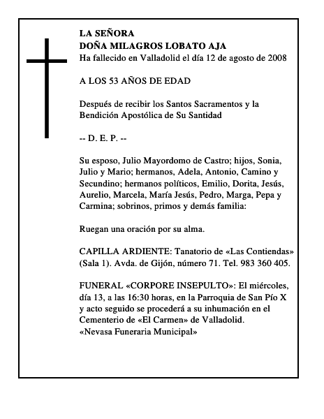 DOÑA MILAGROS LOBATO AJA