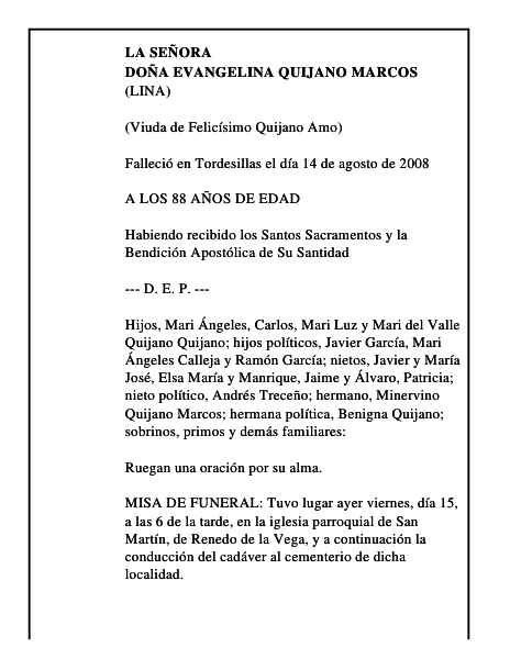 DOÑA EVANGELINA QUIJANO MARCOS