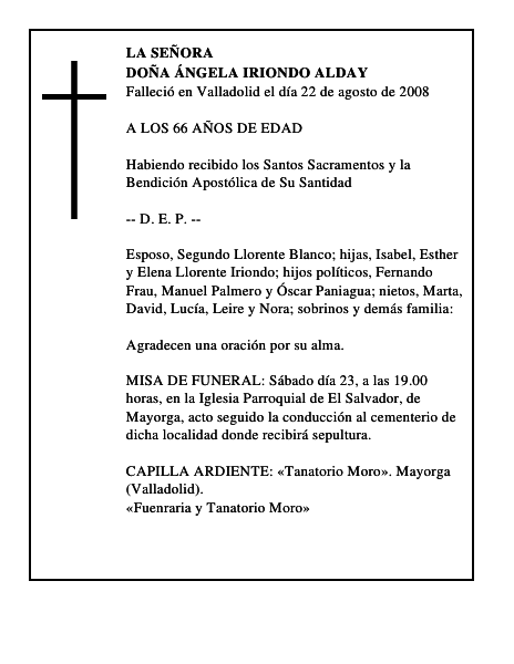 DOÑA ÁNGELA IRIONDO ALDAY