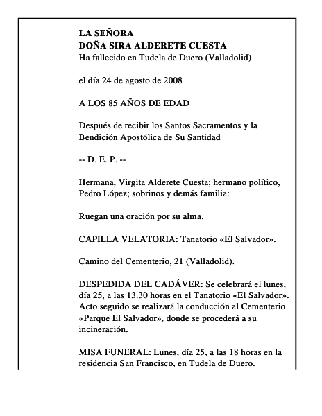 DOÑA SIRA ALDERETE CUESTA