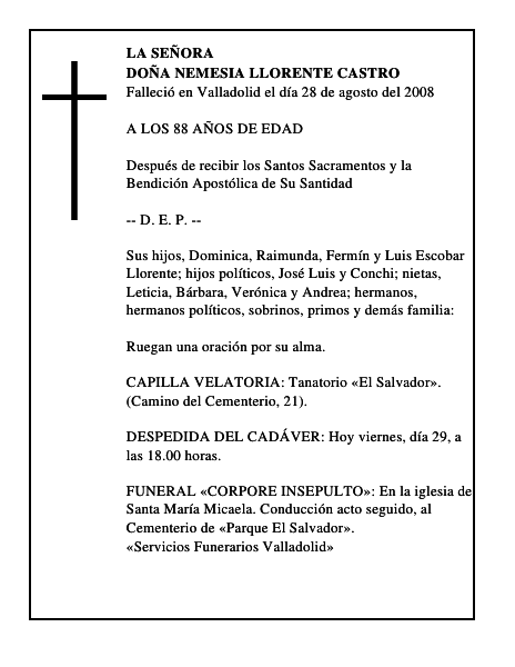 DOÑA NEMESIA LLORENTE CASTRO