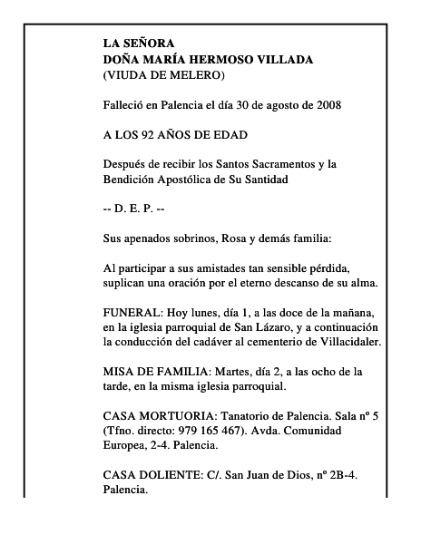 DOÑA MARÍA HERMOSO VILLADA