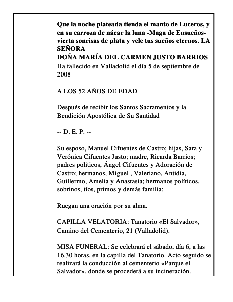 DOÑA MARÍA DEL CARMEN JUSTO BARRIOS