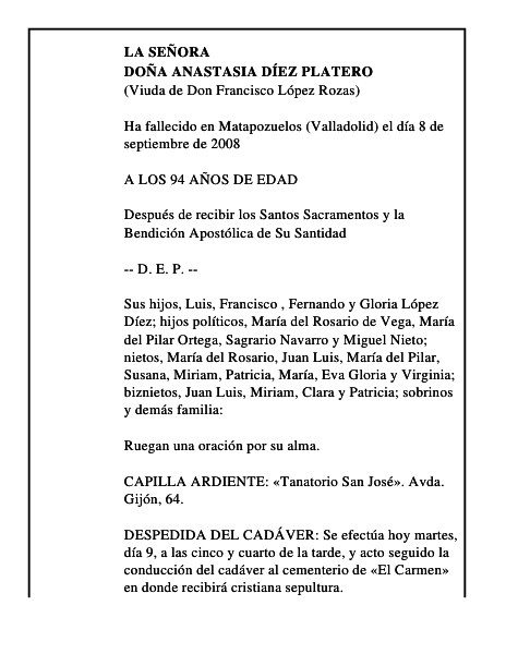 DOÑA ANASTASIA DÍEZ PLATERO