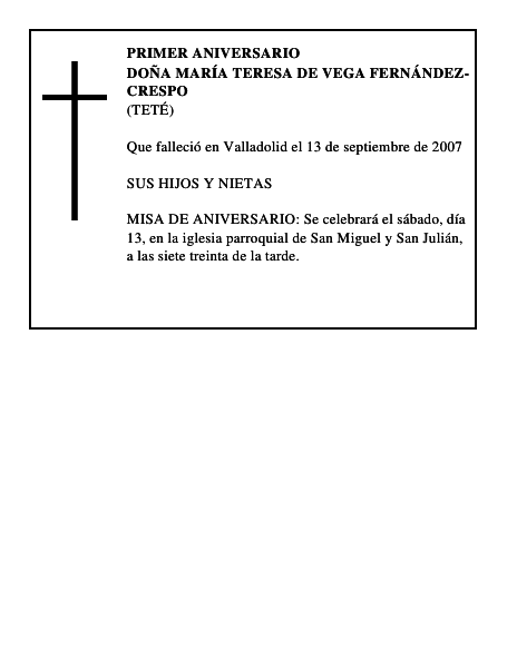 DOÑA MARÍA TERESA DE VEGA FERNÁNDEZ-CRESPO