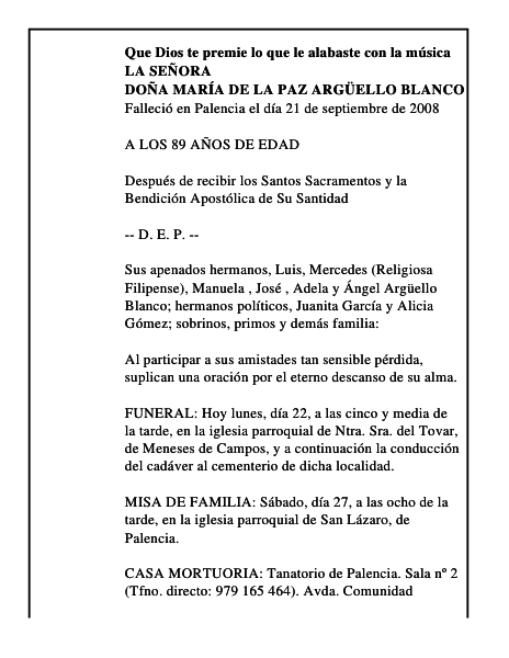 DOÑA MARÍA DE LA PAZ ARGÜELLO BLANCO