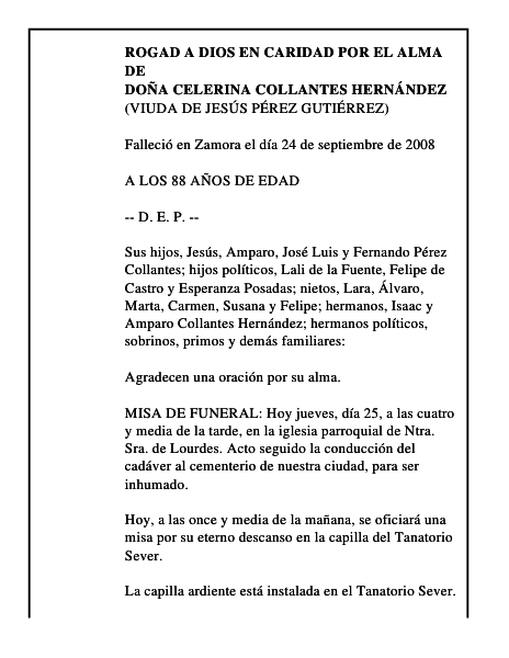 DOÑA CELERINA COLLANTES HERNÁNDEZ