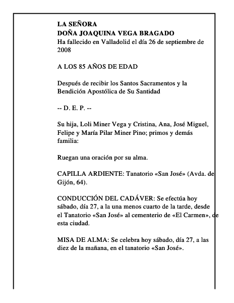 DOÑA JOAQUINA VEGA BRAGADO