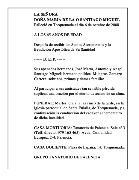 DOÑA MARÍA DE LA O SANTIAGO MIGUEL