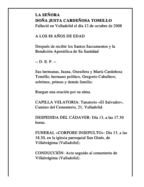 DOÑA JUSTA CARDEÑOSA TOMILLO