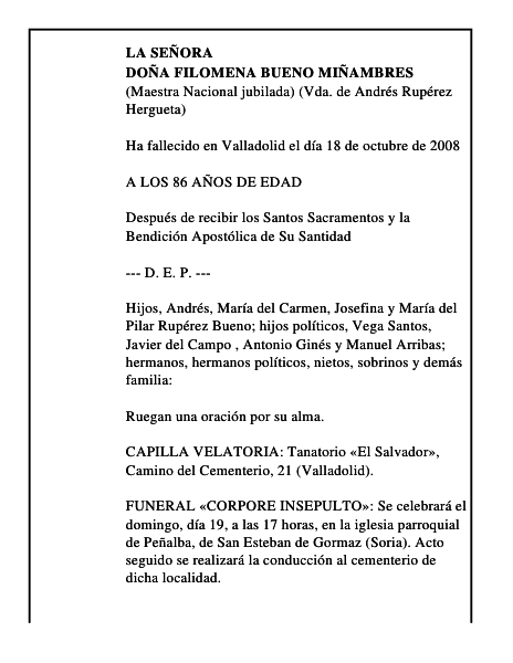 DOÑA FILOMENA BUENO MIÑAMBRES