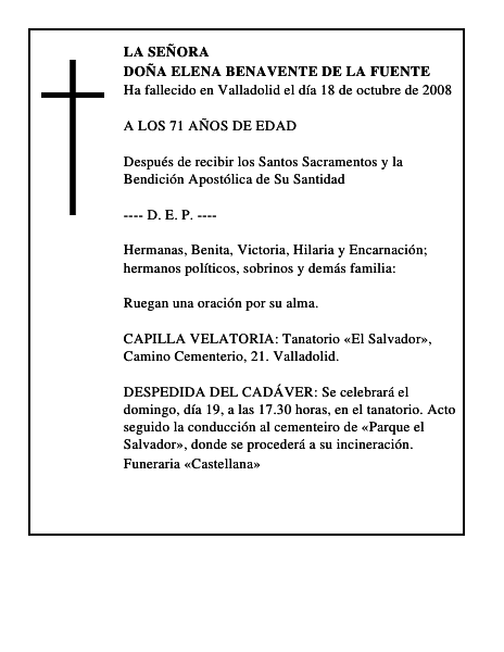 DOÑA ELENA BENAVENTE DE LA FUENTE