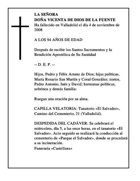 DOÑA VICENTA DE DIOS DE LA FUENTE