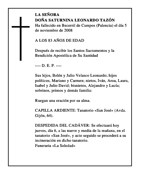 DOÑA SATURNINA LEONARDO TAZÓN