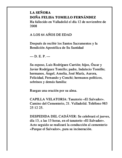 DOÑA FELISA TOMILLO FERNÁNDEZ