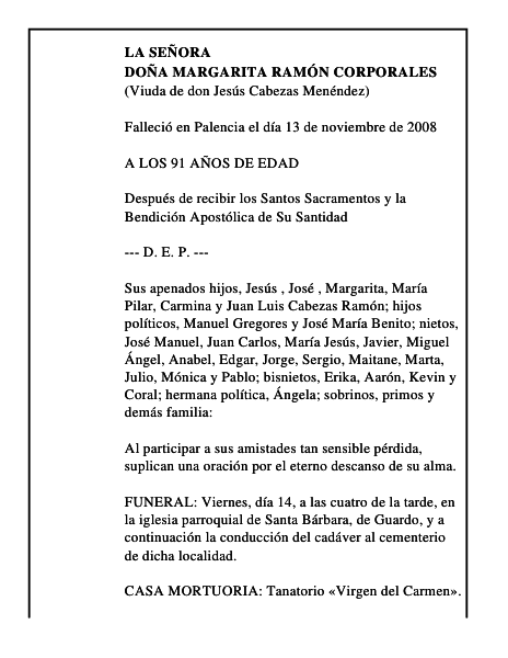 DOÑA MARGARITA RAMÓN CORPORALES