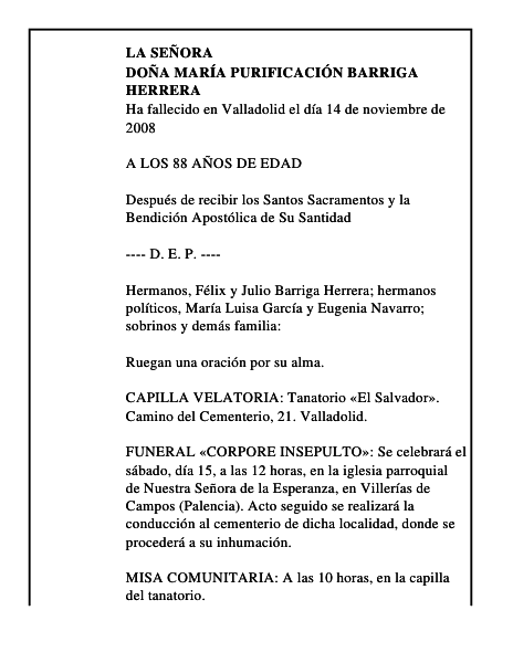 DOÑA MARÍA PURIFICACIÓN BARRIGA HERRERA