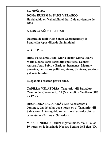 DOÑA EUFEMIA SANZ VELASCO