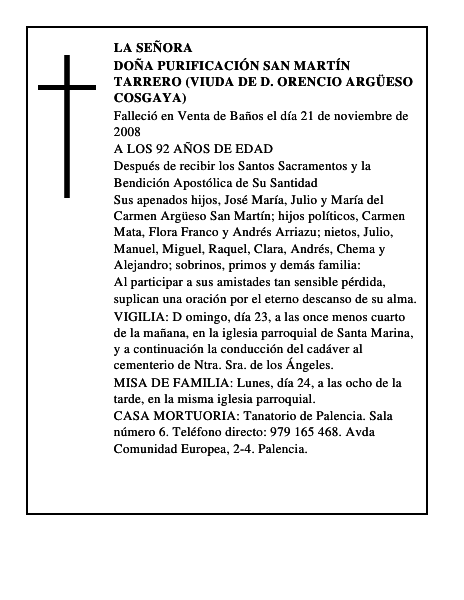 DOÑA PURIFICACIÓN SAN MARTÍN TARRERO (VIUDA DE D. ORENCIO ARGÜESO COSGAYA)