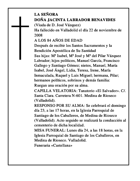 DOÑA JACINTA LABRADOR BENAVIDES
