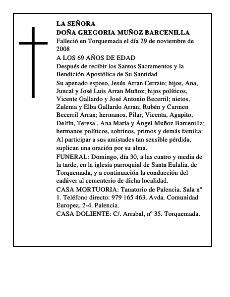 DOÑA GREGORIA MUÑOZ BARCENILLA