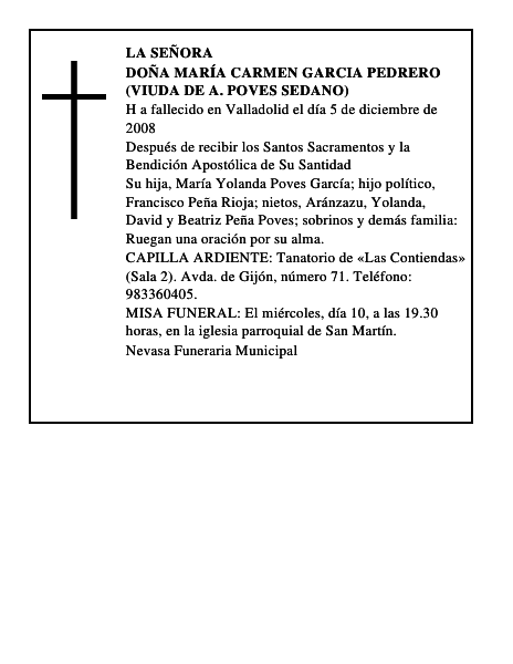 DOÑA MARÍA CARMEN GARCIA PEDRERO (VIUDA DE A. POVES SEDANO)
