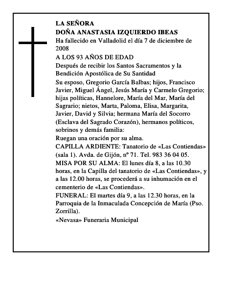 DOÑA ANASTASIA IZQUIERDO IBEAS