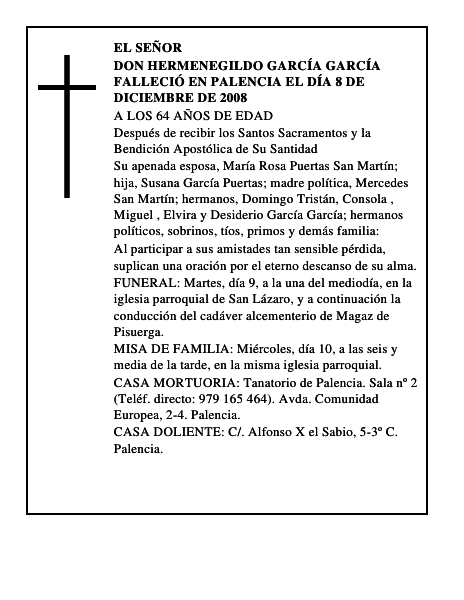 DON HERMENEGILDO GARCÍA GARCÍA Falleció en Palencia el día 8 de diciembre de 2008