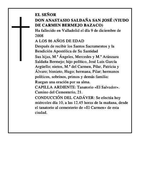 DON ANASTASIO SALDAÑA SAN JOSÉ (Viudo de Carmen Bermejo Bazaco)