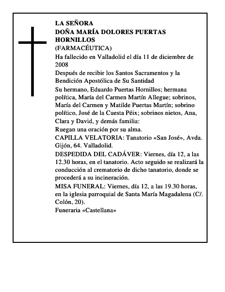 DOÑA MARÍA DOLORES PUERTAS HORNILLOS