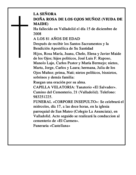DOÑA ROSA DE LOS OJOS MUÑOZ (VIUDA DE MAIDE)