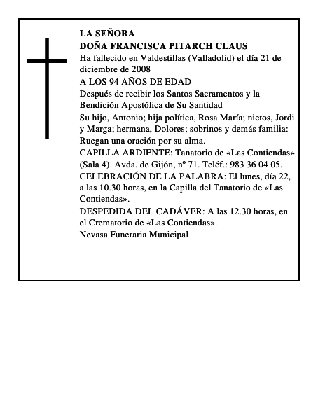 DOÑA FRANCISCA PITARCH CLAUS