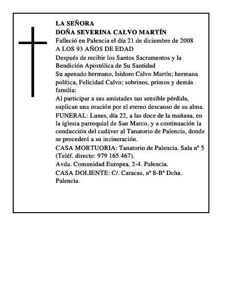 DOÑA SEVERINA CALVO MARTÍN