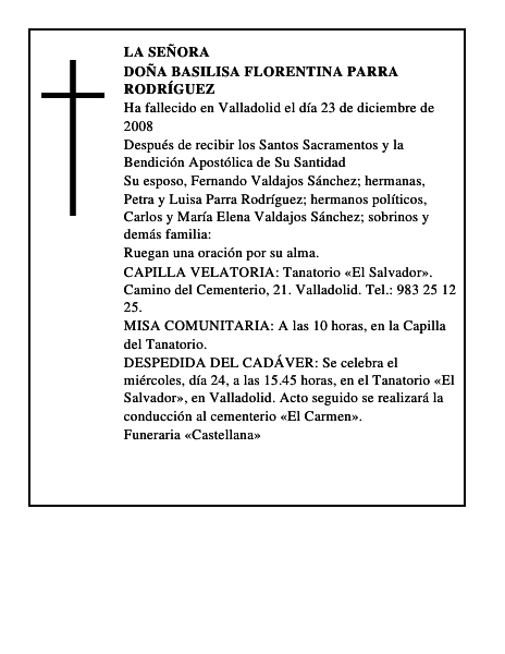 DOÑA BASILISA FLORENTINA PARRA RODRÍGUEZ