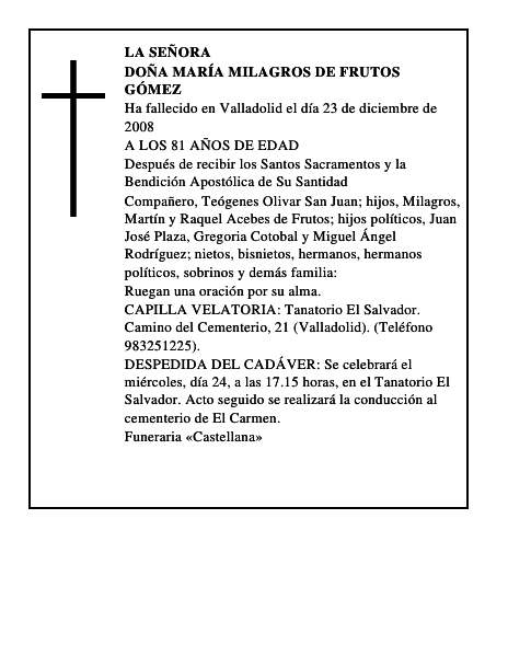 DOÑA MARÍA MILAGROS DE FRUTOS GÓMEZ