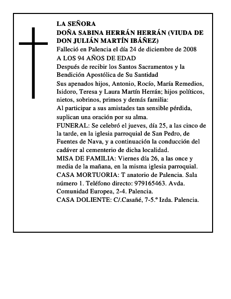 DOÑA SABINA HERRÁN HERRÁN (VIUDA DE DON JULIÁN MARTÍN IBÁÑEZ)