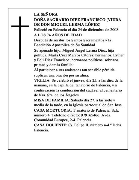 DOÑA SAGRARIO DIEZ FRANCISCO (VIUDA DE DON MIGUEL LERMA LÓPEZ)