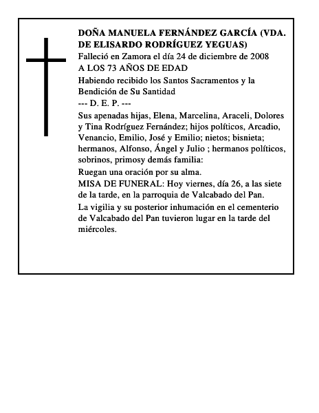 DOÑA MANUELA FERNÁNDEZ GARCÍA (VDA. DE ELISARDO RODRÍGUEZ YEGUAS)