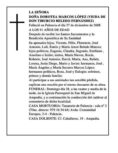 DOÑA DOROTEA MARCOS LÓPEZ (Viuda de Don Tiburcio Beledo Fernández)