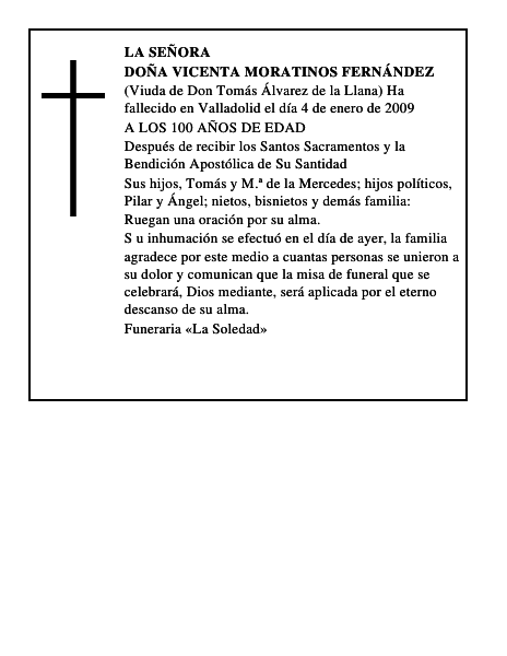 DOÑA VICENTA MORATINOS FERNÁNDEZ