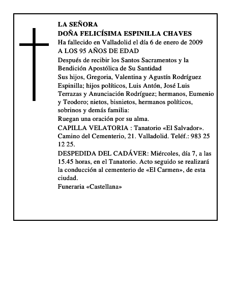 DOÑA FELICÍSIMA ESPINILLA CHAVES