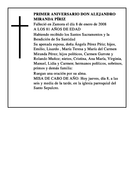 PRIMER ANIVERSARIO DON ALEJANDRO MIRANDA PÍRIZ