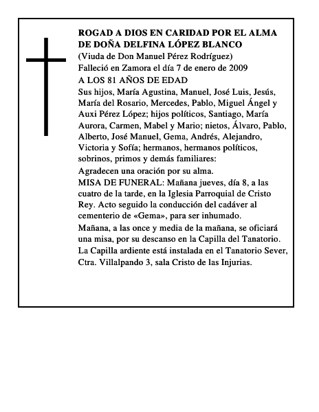 ROGAD A DIOS EN CARIDAD POR EL ALMA DE DOÑA DELFINA LÓPEZ BLANCO