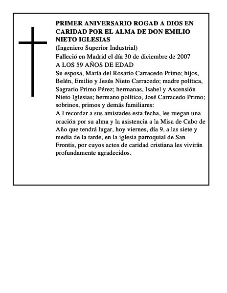 PRIMER ANIVERSARIO ROGAD A DIOS EN CARIDAD POR EL ALMA DE DON EMILIO NIETO IGLESIAS
